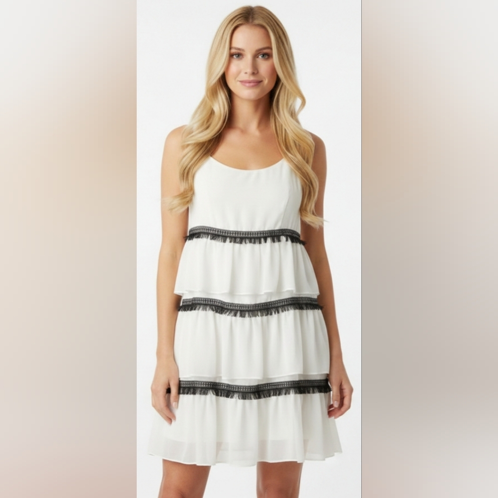 NWOT H Halston Cream And Black Fringe Tiered Pelpum Sleeveless Dress size 10
